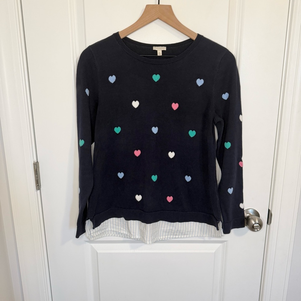 Talbots Sweater Sz‎ Med Pet Navy Blue Heart Print Shirttail Hem Crew Neck Preppy